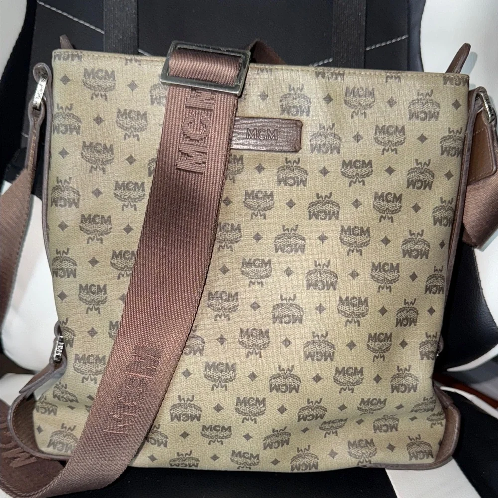 MCM Tan and Brown Logo Messenger Bag